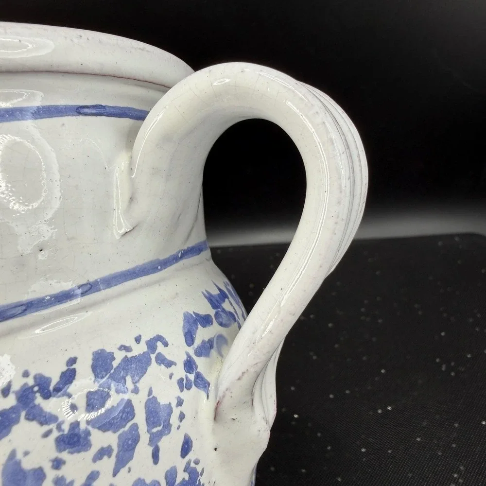 Vintage MM Portugal Hand Painted Terracotta Pitcher Blue‎ Sponge Heart Folk Art